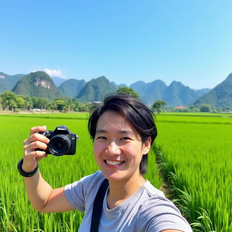 Chụp ảnh check-in ở Tràng An Ninh Bình với background núi non hùng vĩ