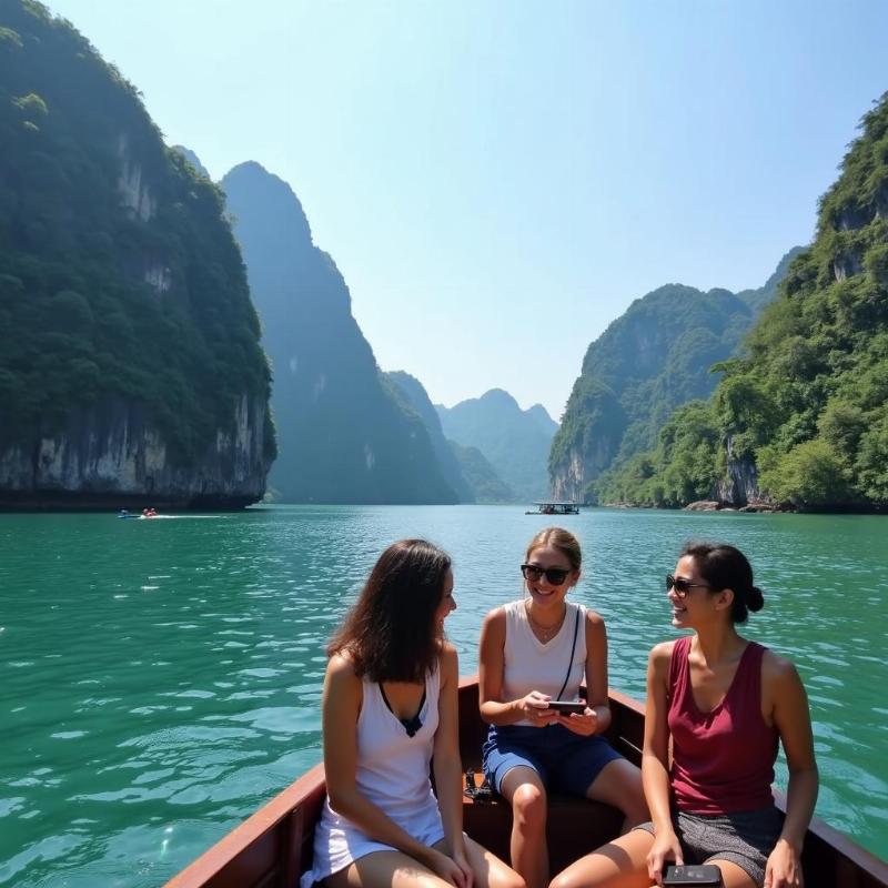 Du khách thích thú đi thuyền tham quan Tràng An với non nước hữu tình