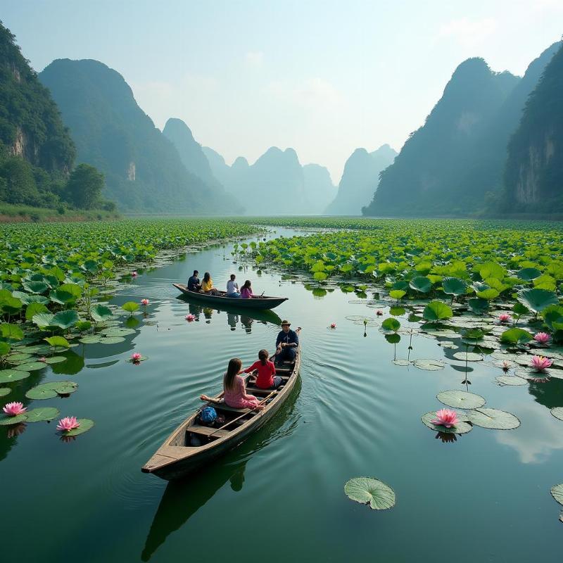 Du khách chèo thuyền ngắm cảnh trên Thung Nắng, Ninh Bình, với những đầm sen nở rộ, tạo nên khung cảnh thơ mộng và yên bình.