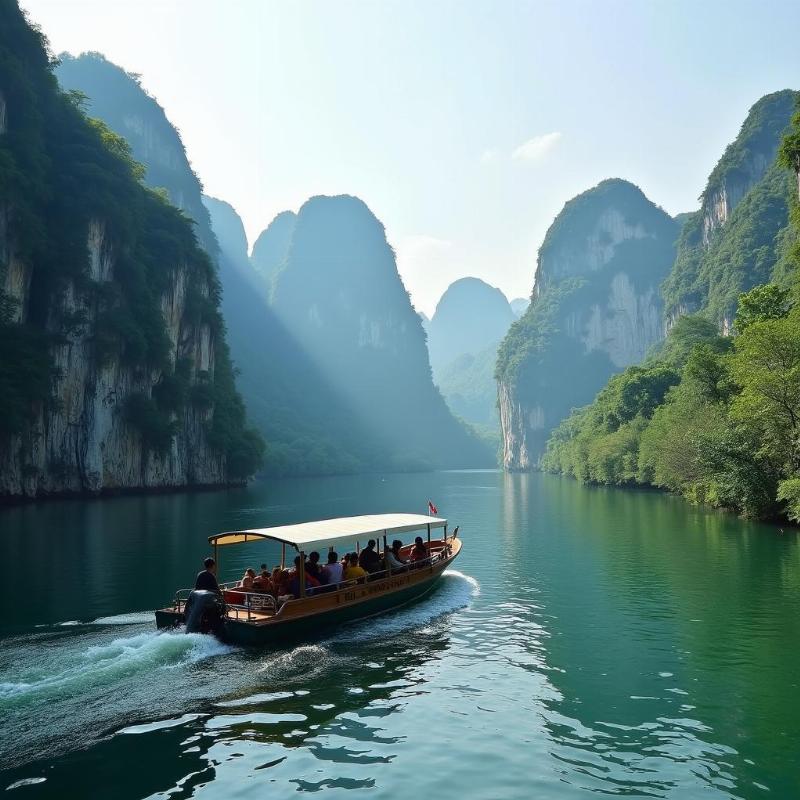 Thuyền du lịch trên sông Tràng An Ninh Bình với núi đá vôi hùng vĩ bao quanh